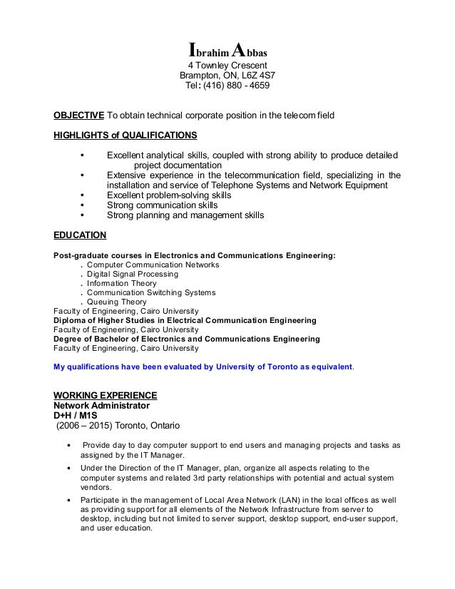 system administrator sample resume with objective