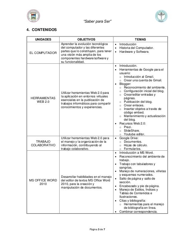 “Saber para Ser”
Página 3 de 7
4. CONTENIDOS
UNIDADES OBJETIVOS TEMAS
EL COMPUTADOR
Aprender la evolución tecnológica
del ...