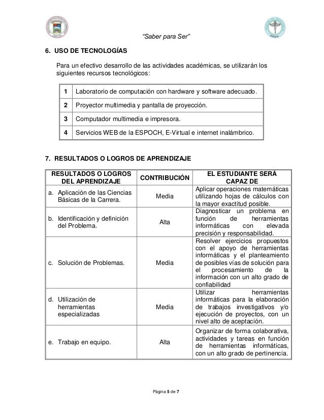 “Saber para Ser”
Página 5 de 7
6. USO DE TECNOLOGÍAS
Para un efectivo desarrollo de las actividades académicas, se utiliza...