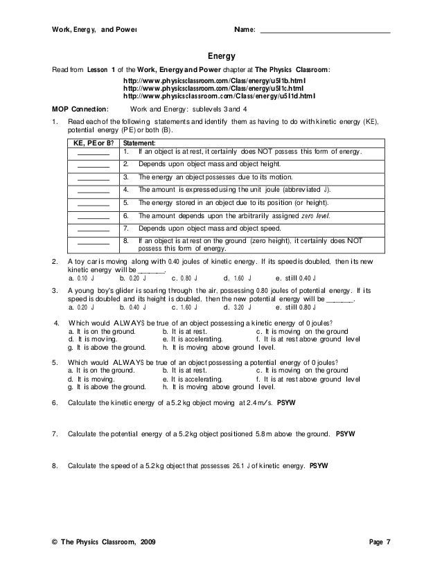 Printables Energy Worksheet Answers work energy and power worksheet answers answers