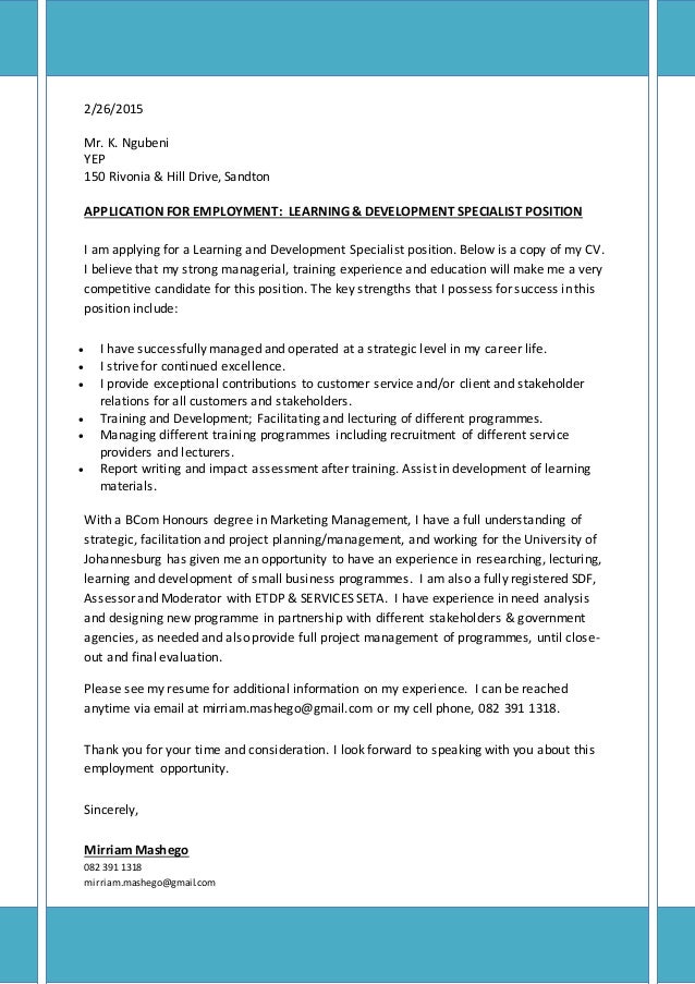 Sample of cover letter for business development position