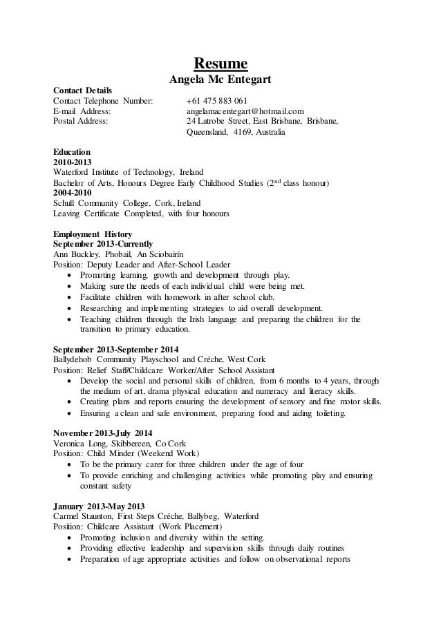 Job resume for child day care