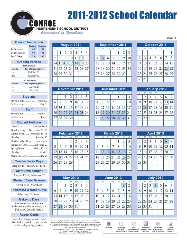 Conroe Independent School District CISD School Calendar Conroe Independent School District CISD School Calendar
