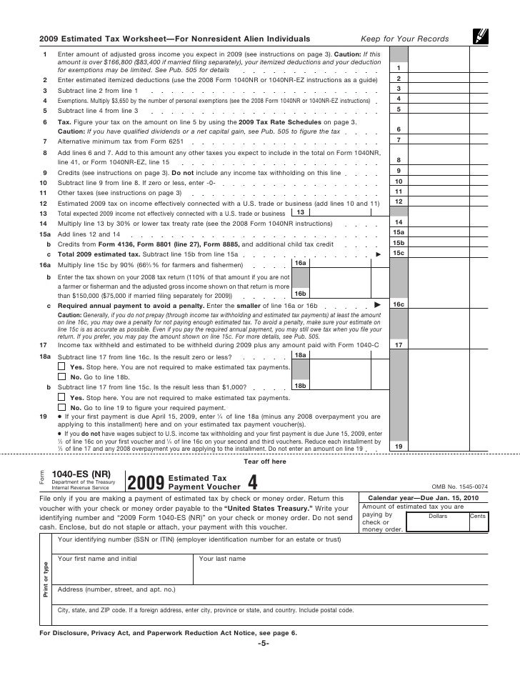 Form 1040 Es Nr Us Estimated Tax For Nonresident Alien Individua