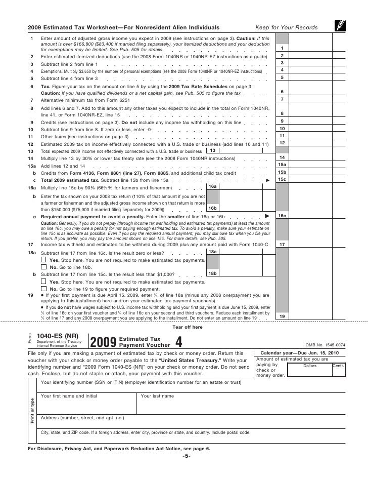 Printables 1040 Es Worksheet form 1040es nr u s estimated tax for nonresident alien individuals 5