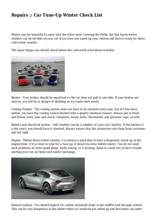 Repairs Car TuneUp Winter Check List