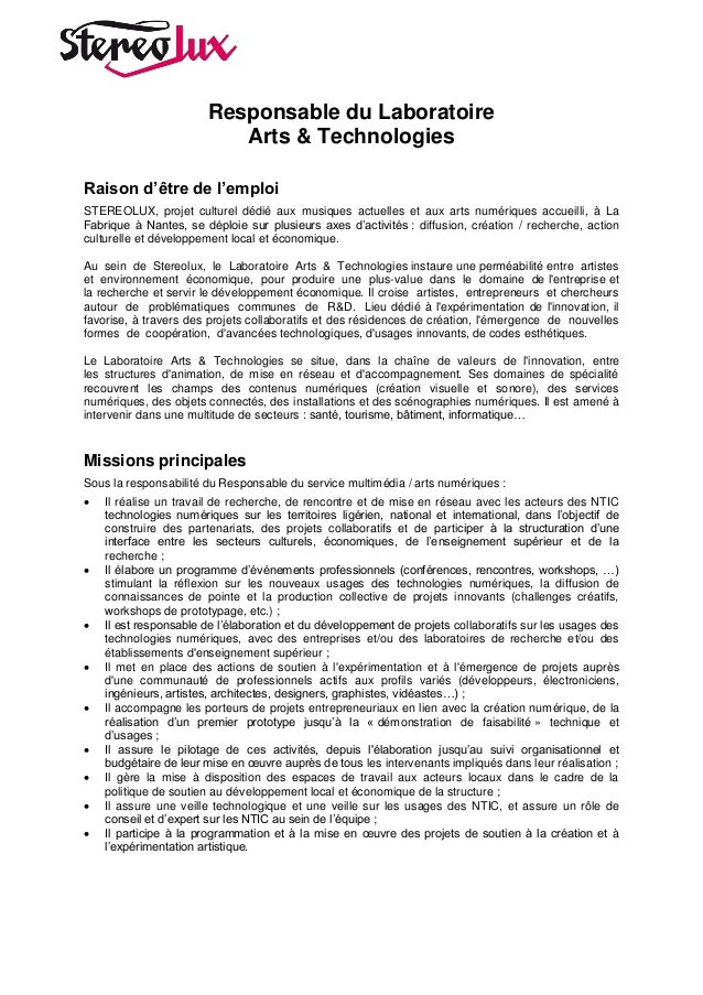 Stereolux Nantes : offre emploi responsable laboratoire arts et ...