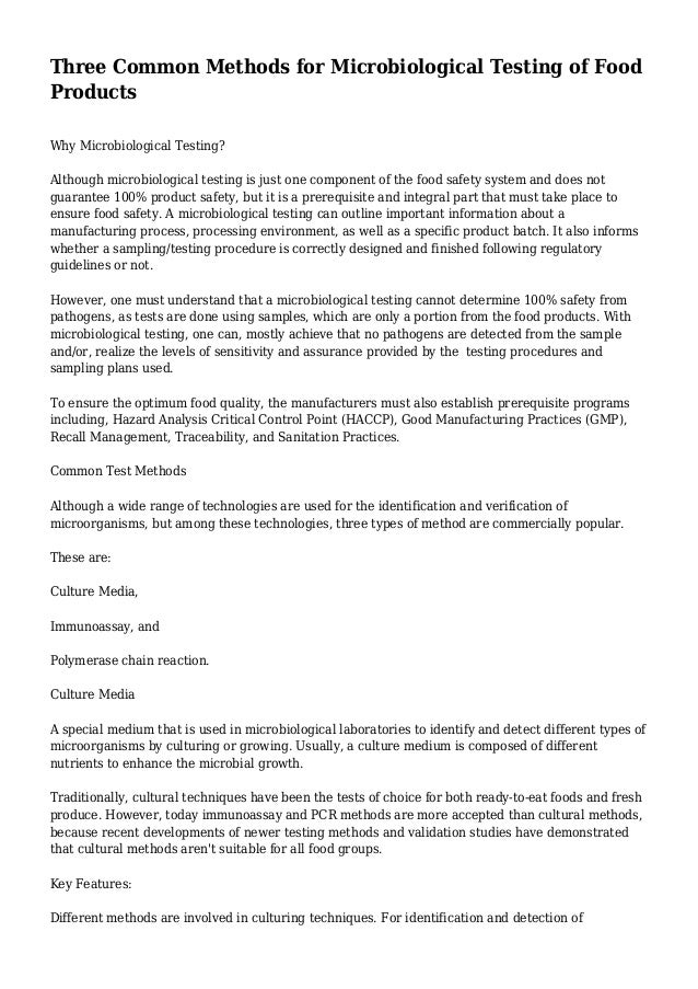Three Common Methods for Microbiological Testing of Food Products