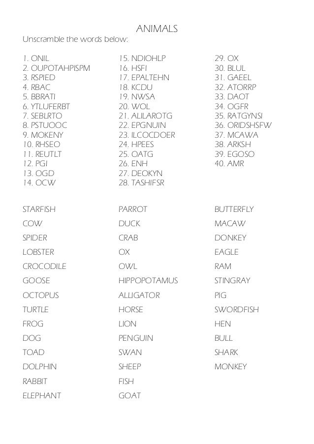 14 animals unscramble