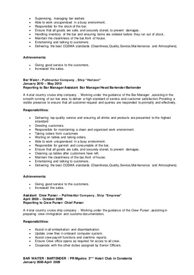 bar work cv example