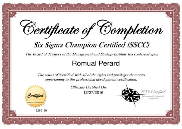 six sigma champion certified champion certificate