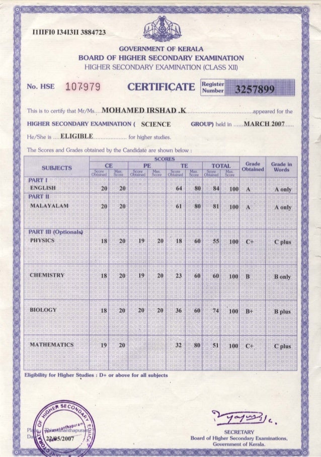 Mohamed Irshad Higher Secondary Certificate Mohamed Irshad Higher Secondary Certificate