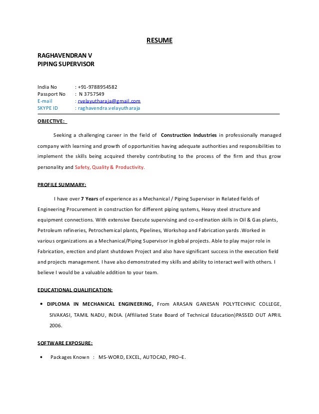 Piping resume sample pdf
