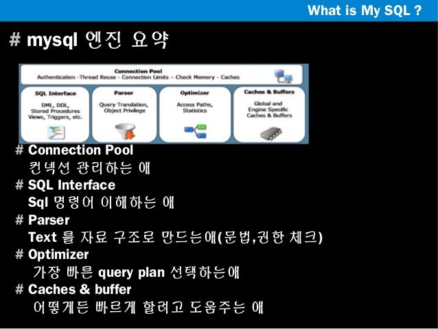 What is My SQL ?

# mysql 엔진 요약

# Connection Pool
컨넥션 관리하는 애
# SQL Interface
Sql 명령어 이해하는 애
# Parser
Text 를 자료 구조로 만드는애(문...