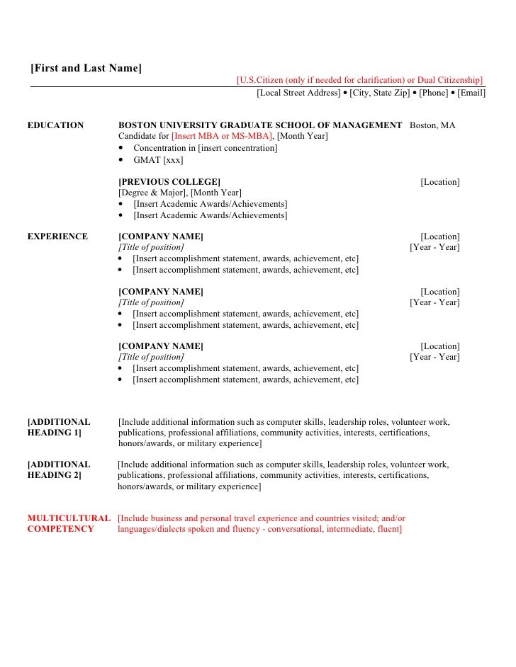 1st Year MBA Resume Template