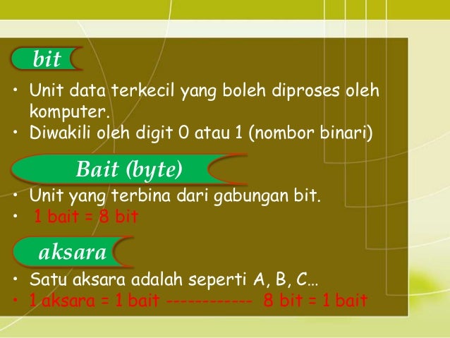 • ASCII dan EBCDIC – 8bit = 1 bait mewakili kombinasi 0 dan 1   yang boleh mewakili 256 aksara dimana   ianya termasuk hur...