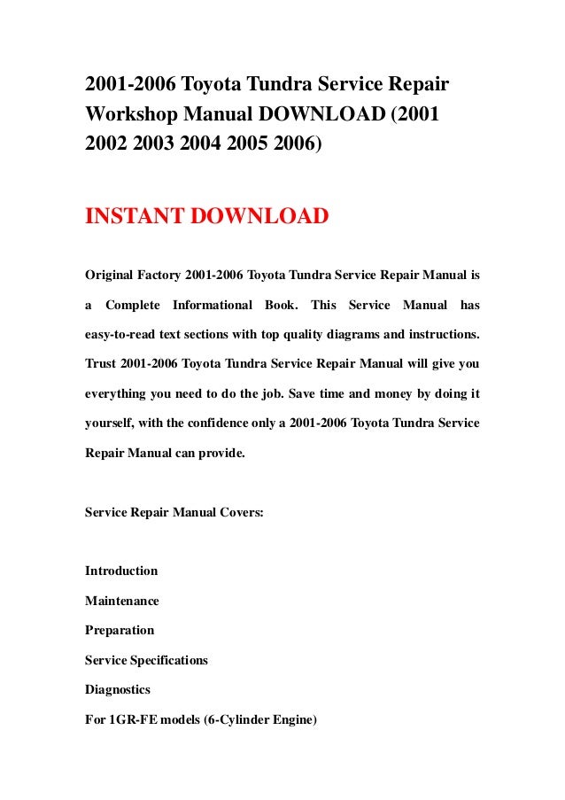 2001-2006 Toyota Tundra Service Repair Workshop Manual ...