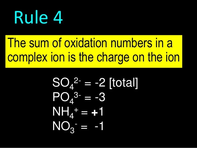 Rule 4
The sum of oxidation numbers in a
complex ion is the charge on the ion
2-

SO4 = -2 [total]
PO43- = -3
NH4+ = +1
NO...