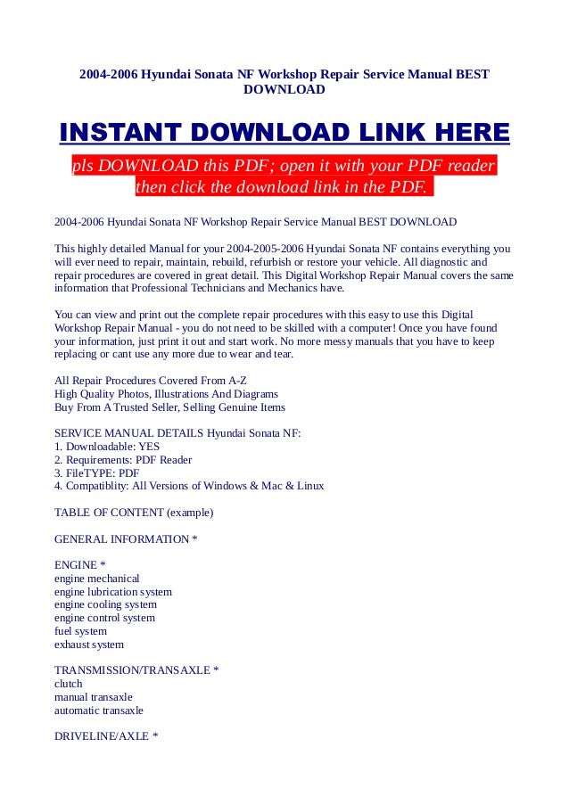 2006 Hyundai Sonata Service Repair Workshop Manual | Autos ...