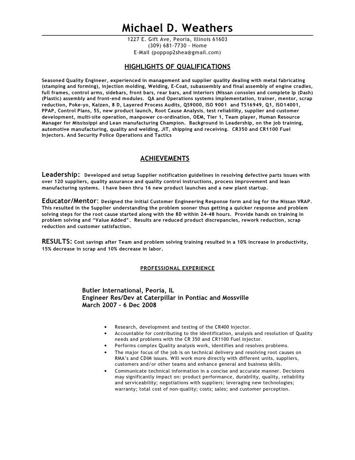 2009 quality engineer resume weathers mike