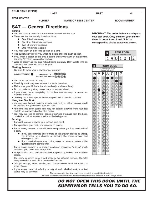 sat practice answer sheet