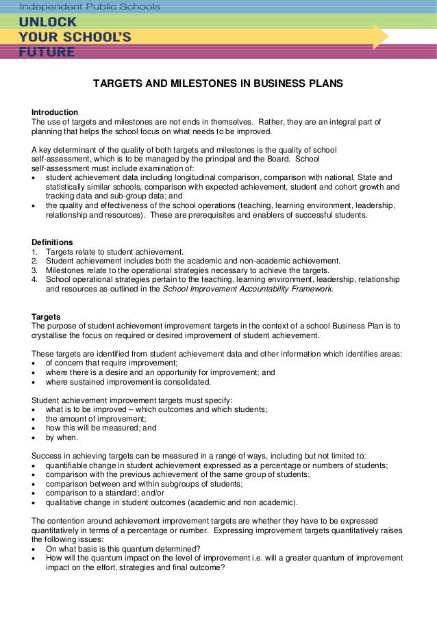 2013 targets and milestones in business plans target business plan