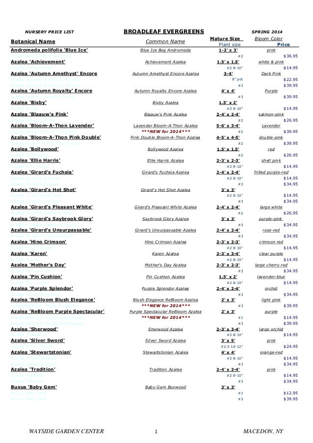 Rochester Landscaping, Nursery Plants Plants Price List