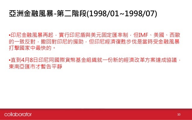亞洲金融風暴-第二階段(1998/01~1998/07)
•印尼金融風暴再起，實行印尼盾與美元固定匯率制，但IMF、美國、西歐
的一致反對，撤回對印尼的援助，但印尼經濟復甦步伐是當時受金融風暴
打擊國家中最快的。
•直到4月8日印尼同國際貨幣基...