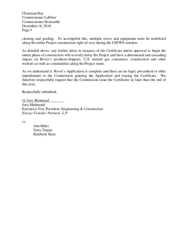 Rover Pipeline Letter to FERC Requesting Final Certificate