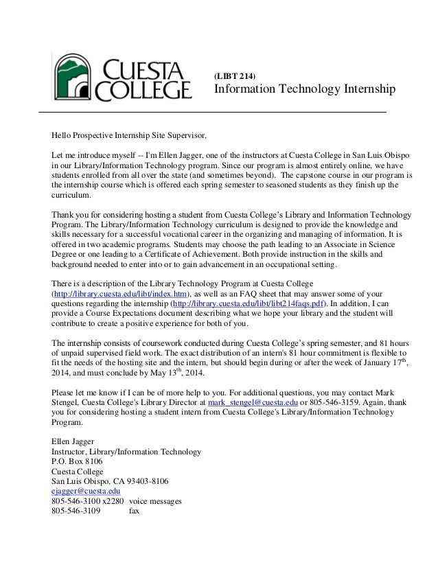 Cuesta College LIBT 214 Letter of Introduction