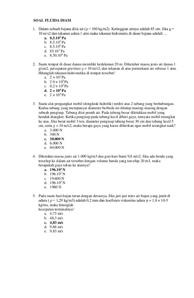 Soal Fluida diam dan Bergerak