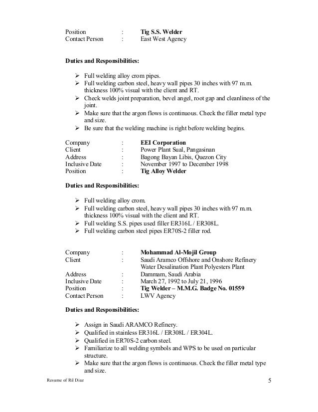 ... 5. Position : Tig S.S. Welder ... Welding Responsibilities Welding Responsibilities ... 5. Position : Tig S.S. Welder ...