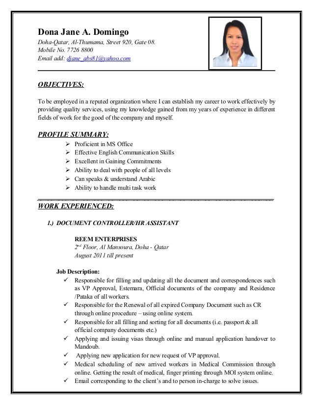 Resume For Job In Qatar Dona Jane A. Domingo Doha-Qatar, Al-Thumama, Street 920, ...