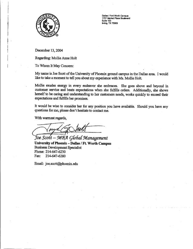 university of phoenix reference letter for mollie a holt font size for letter of recommendation