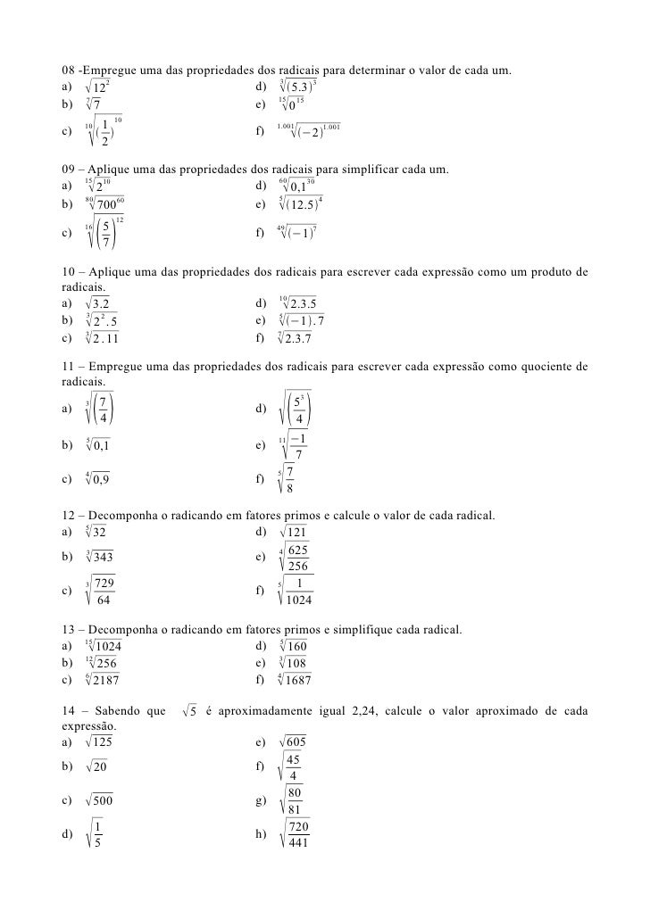 Atividades Sobre Adição E Subtração De Radicais 9o Ano