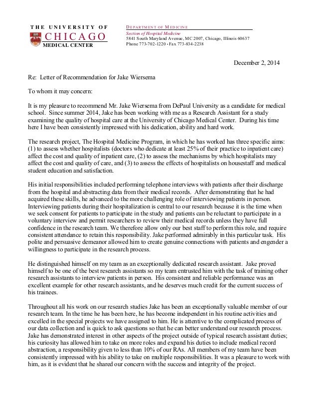 Jake Wiersema Letter of Recommendation Medical School