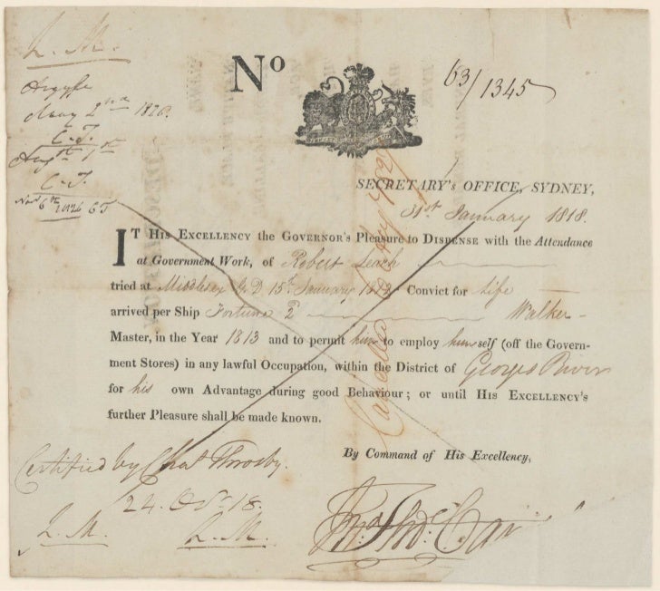An original Ticket of Leave for Robert Leach, 1818