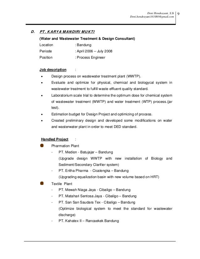 Wastewater Design Engineer Job Description | resume cv deni hendrayani Wastewater Design Engineer Job Description | resume cv deni hendrayani