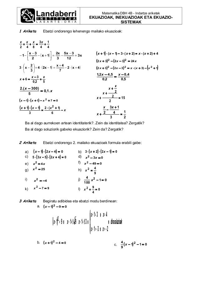 4 dbh matematikab 4 eta 5 gaia ekuazioak eta ekuazio sistemak 4 dbh matematikab 4 eta 5 gaia ekuazioak eta ekuazio sistemak