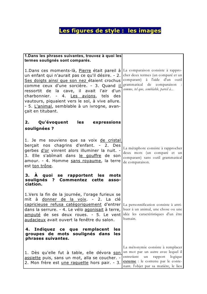 Figure De Style Fiche Pdf 4° exercices figures de style