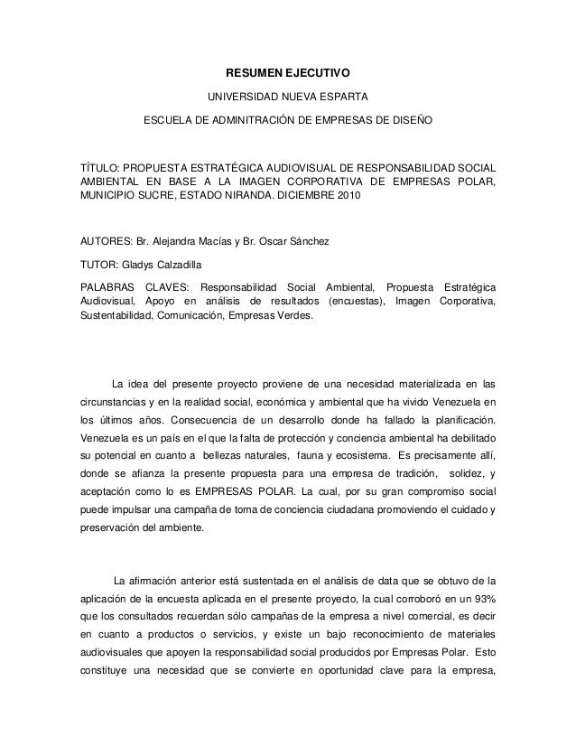 ejemplo de resumenes ejecutivos 51135402 resumen ejecutivo proyecto tesis empresas polar ejemplo de resumenes ejecutivos