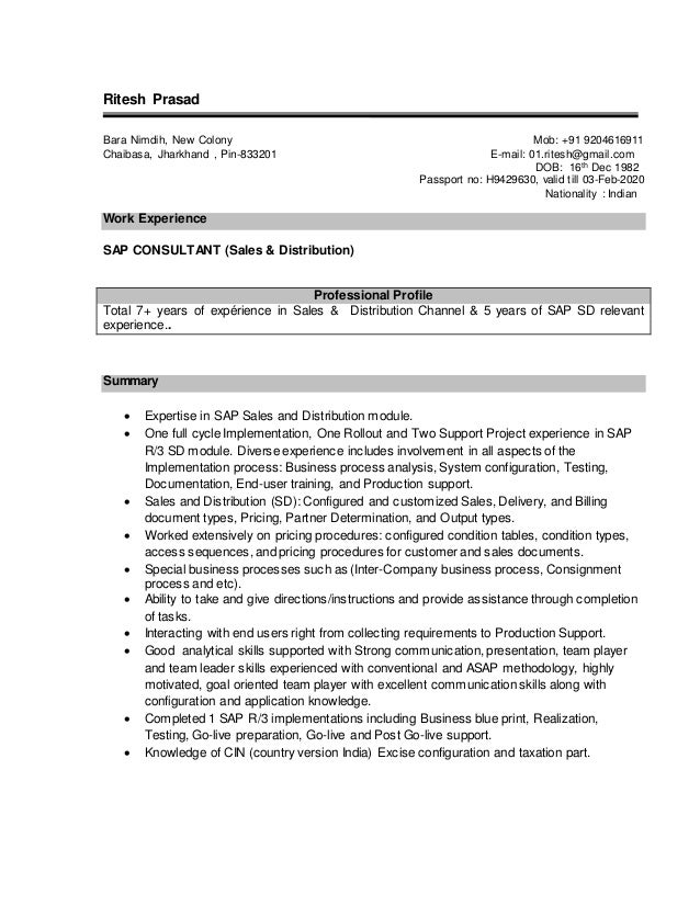 sap sd sample resume