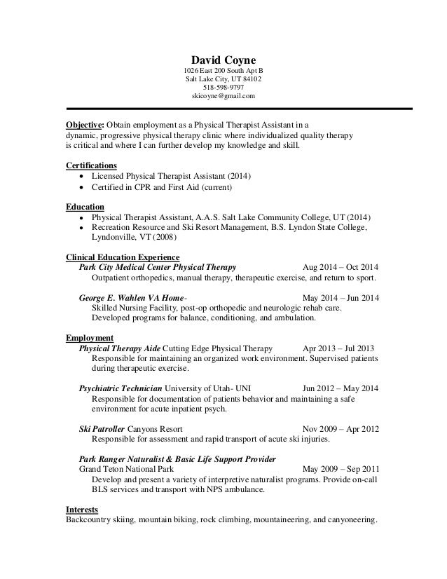 Sample resume physical therapy aide