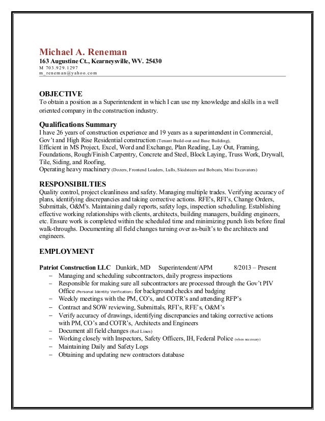 sample superintendent resume