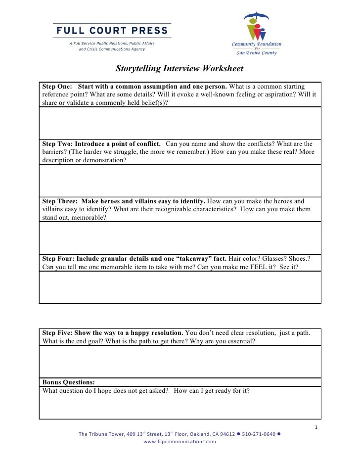 A worksheet to identify the 5 steps to effective storytelling