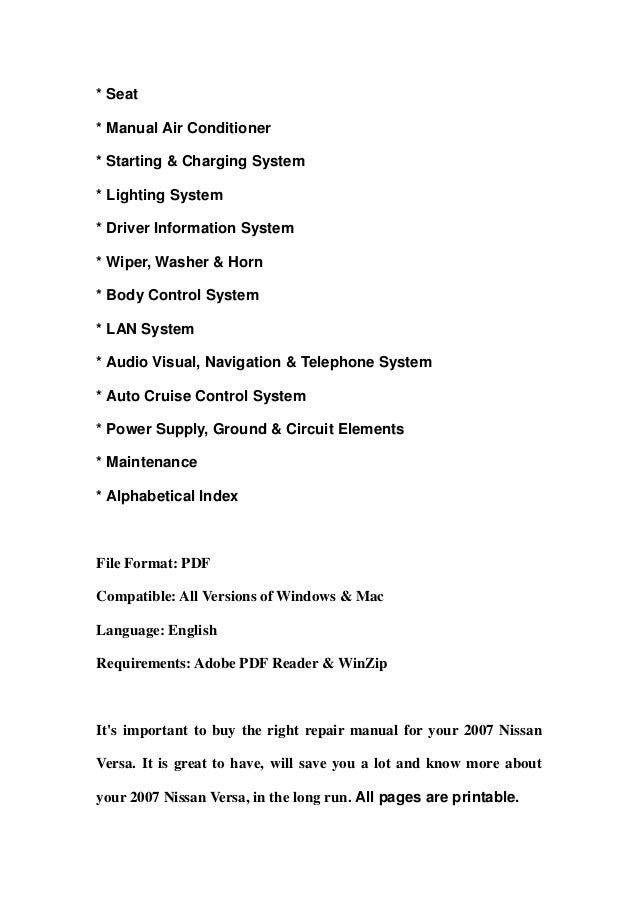 Nissan Murano 2007 Model Z50 Service Repair Manual PDF ... 2007 Nissan Versa Service Repair Manual DOWNLOAD