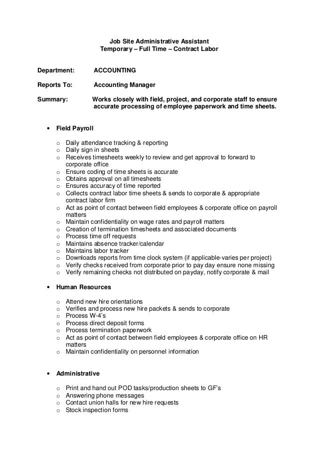 Job Site Admin Assistant Ft Job Description Temp Contract Labor 1 Administrative Assistant Contract Template