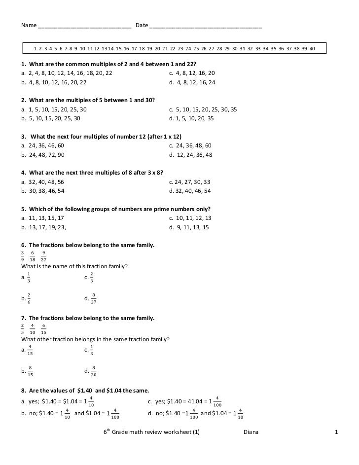 6th Grade Math Review Worksheet 1  6th Grade Math Review Worksheet 1