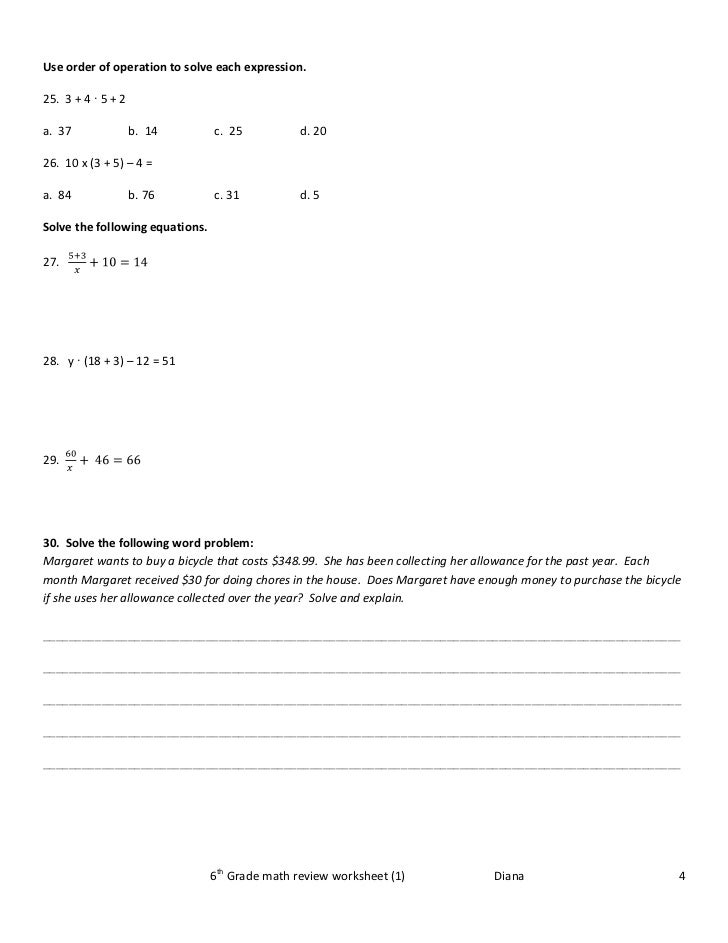 6th Grade Math Review Worksheet1