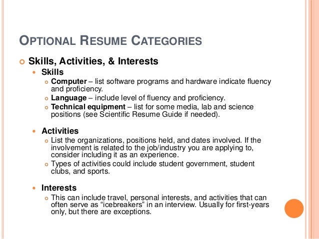 list of interests and activities for resumes